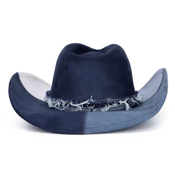 3877 Suede Denim Cowboy Hat- Wide Brim Blue Cowgirl Hat With Chinstrap